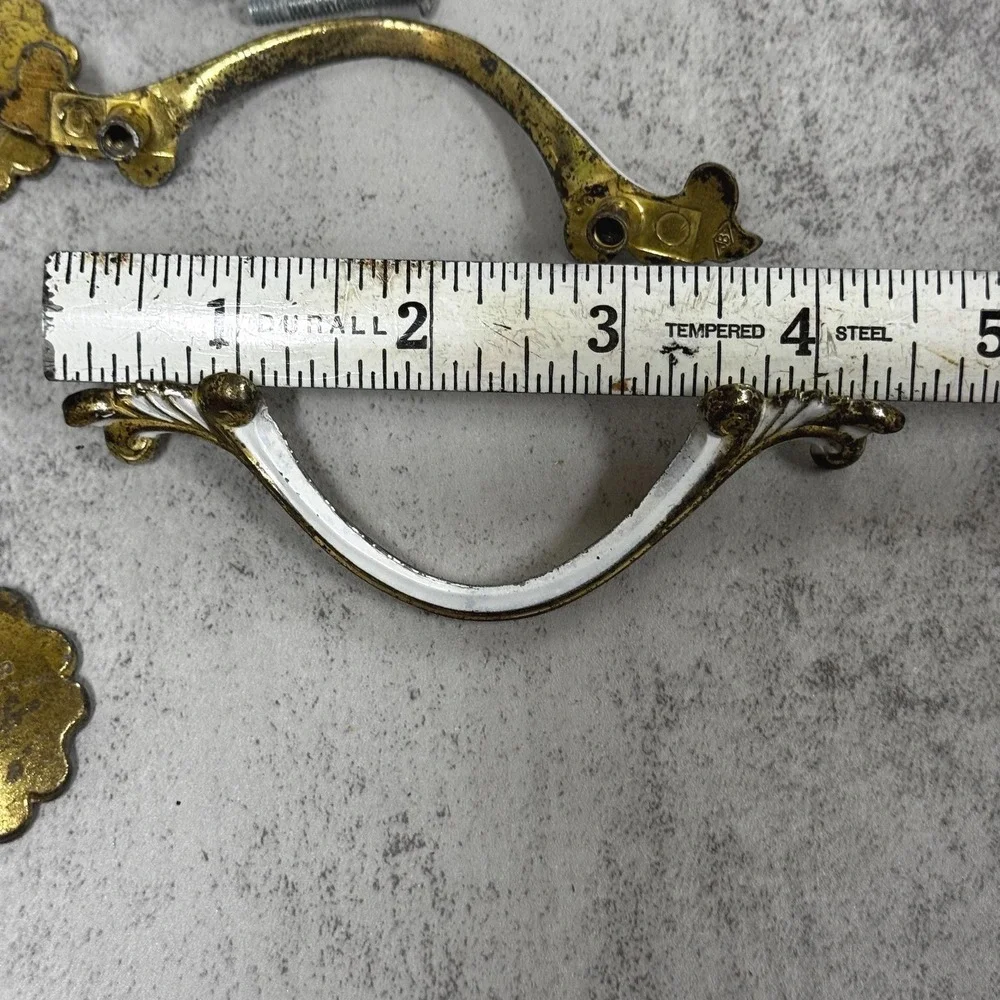Vtg French Provincial Dresser Hardware: Brass & White Handles Knobs, Set of 6
